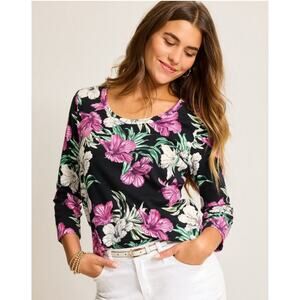 Tommy Bahama M Women's Ashby Villa Garden Tropical 3/4 Sleeve Cotton Scoop Top